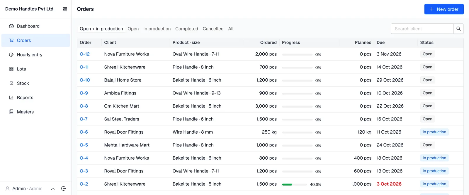 Orders list with client, product, quantity, progress bar and due date
