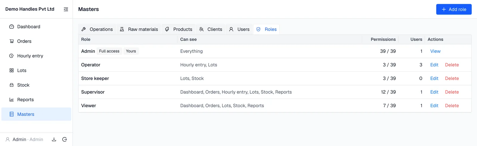 Roles screen with Admin, Supervisor, Viewer and custom Operator and Store keeper roles